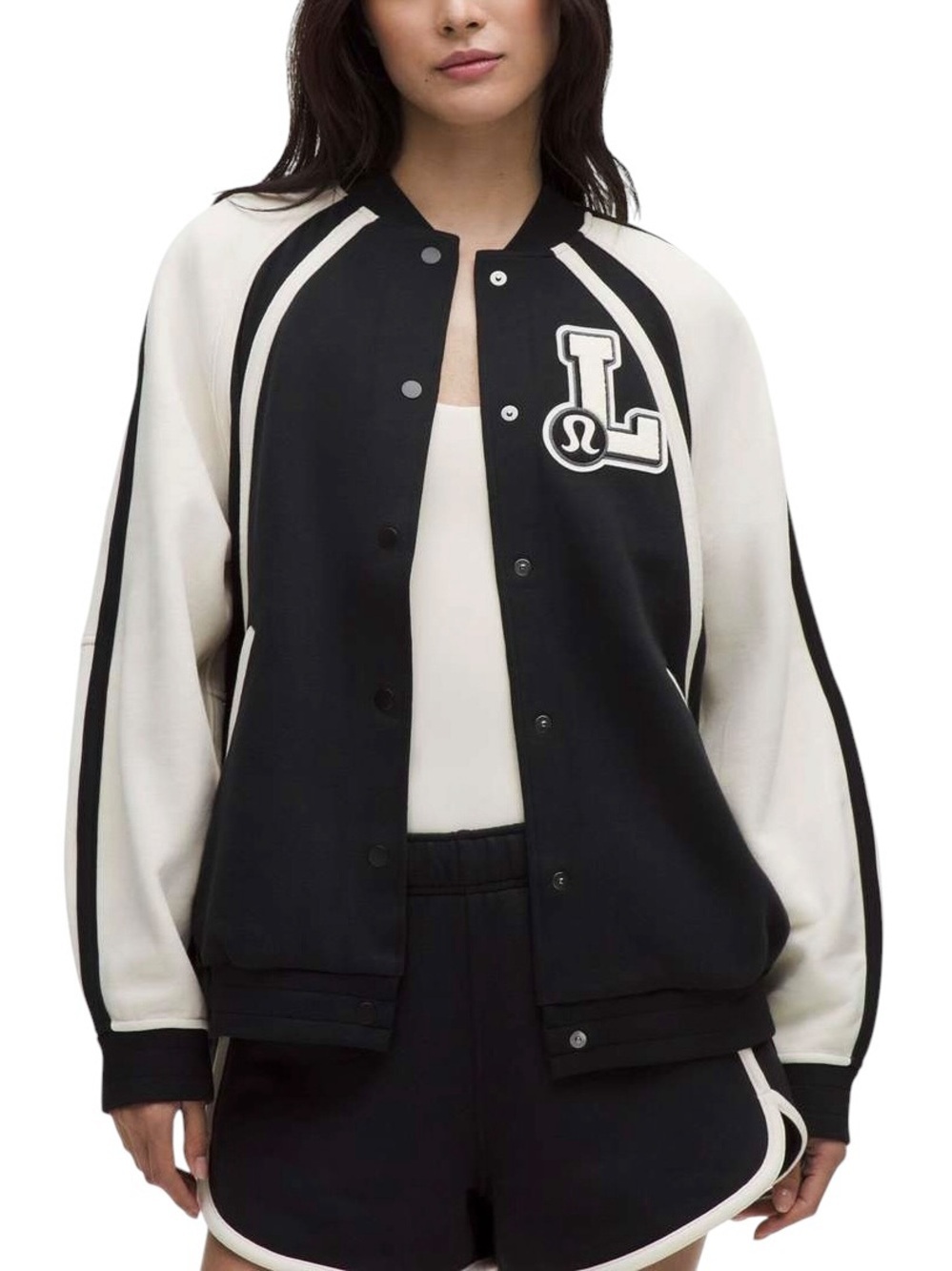 Lululemon Scuba Oversized Collegiate Jacket Graphic Varsity Black & Cream Sz M/L